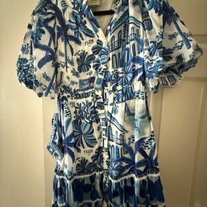 FARM Rio Blue and White Tropical Dress